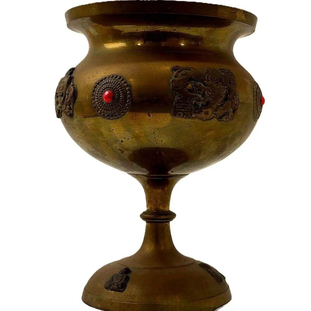 Vintage Chinese dragons Urn Vessel Sino Tibetan Buddhist Chalice Goblet Brass